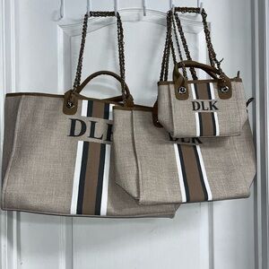 Lily & Bean set of Three Monogrammed Women's Beige and Brown Tote Bag Set